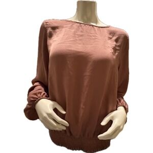 NWOT No 11 Los Angeles Womens Smocked Hem Blouse Dusty Rose Long Sleeve Large